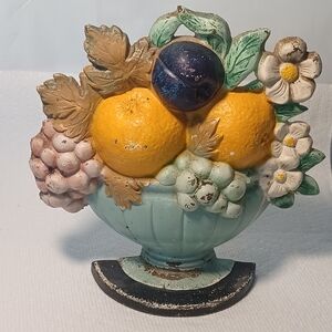 Antique or Vintage Cast Iron Doorstop Fruit Basket - Hubley #456 Harvest Flowers